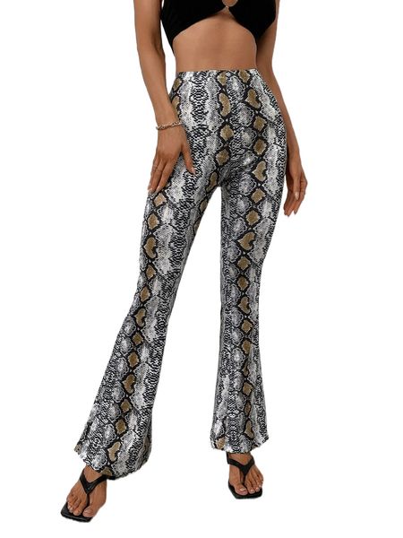 

snakeskin print flare leg pants u3iv#, Black;white