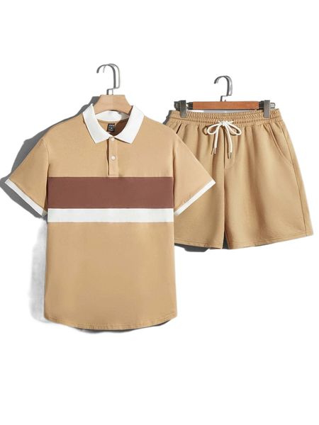 

men color block polo shirt & drawstring waist shorts l3ki#, Gray