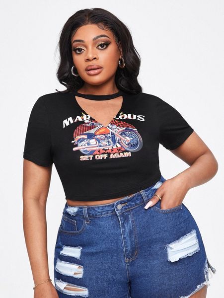 

sxy plus keyhole neck letter & motorcycle print crop tee s4xi#, Black