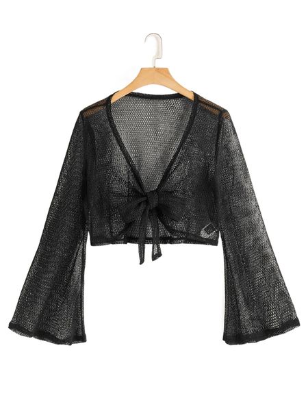 

plus tie front mesh kimono u118#, Black;gray