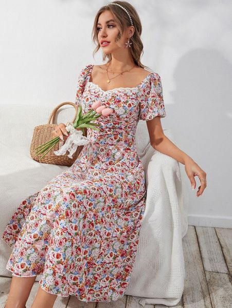 

allover floral print puff sleeve ruched sweetheart neck dress 16g7#, Black;gray