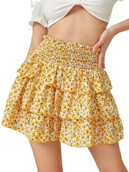 

ditsy floral paperbag shirred waist layered hem skirt h3jz#, Black