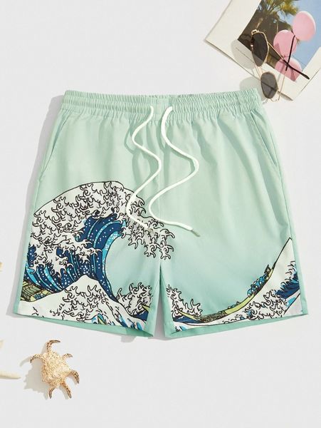 

men wave print drawstring waist shorts r8xs#, White;black