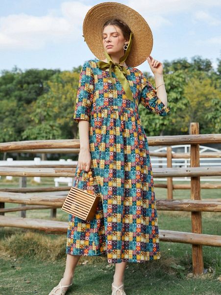 

patchwork and geo print smock dress s8pn#, Black;gray