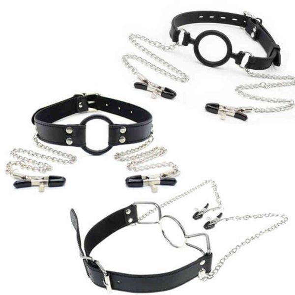 Nxy SM-Bondage aus echtem Leder, O-Ring, Metall, Silikon, Mundknebel mit Klemmen, Clips, offene tiefe Kehle, Zurückhaltung, Sexspielzeug für Männer, Frauen, Paare, 220423