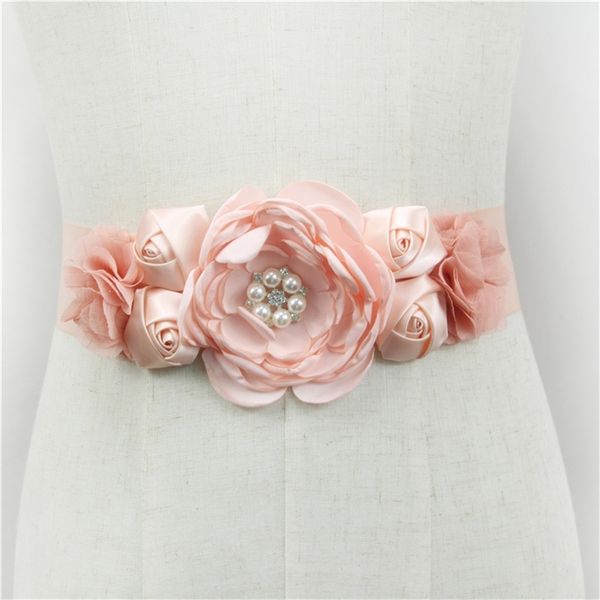 78 74in Pink preto Flores de pérolas brancas Correias de casamento Acessórios de vestido de rosa cetim faixa de fita de noiva 220623