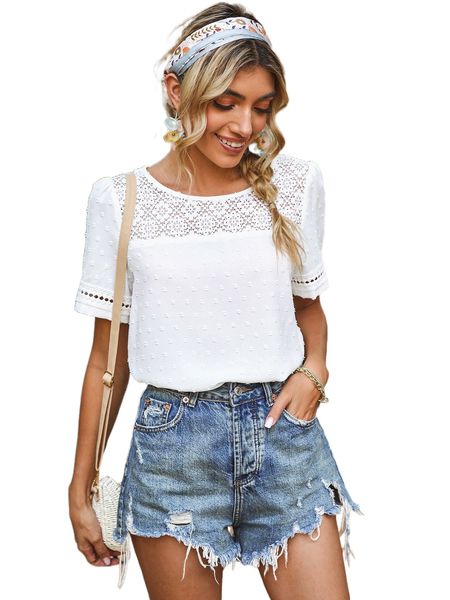 

swiss dot contrast lace puff sleeve blouse o2sf#, White