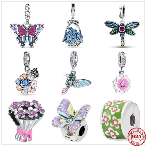 Charm-Perlen aus 925er-Silber, baumelnde Blüten-Libellen-Blumen-Anhänger, passend für Pandora-Armbänder, DIY-Schmuckzubehör