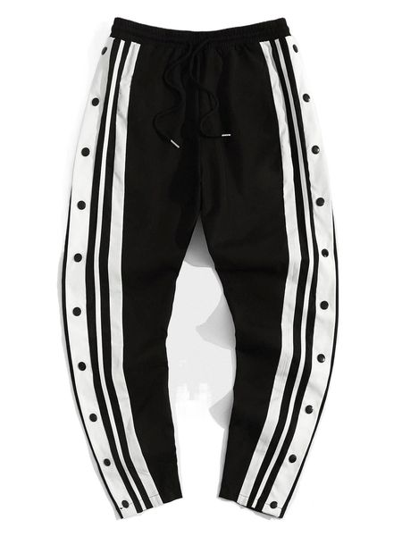 

men striped side button detail drawstring waist pants 658v#, Black