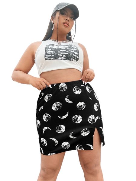 

plus earth & moon split hem skirt j7kb#, Black