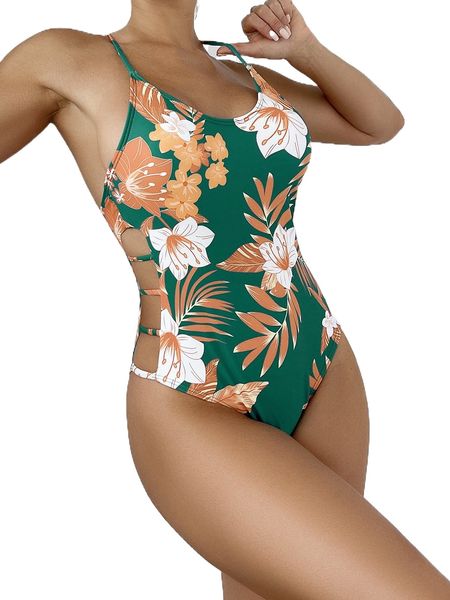 

random floral print cut out one piece swimsuit 25no#, White;black