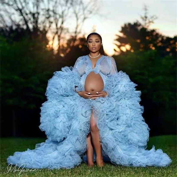 

bridal fluffy tulle maternity robes custom made sky blue women long tulle dresses p shoot beach birthday party tulle robe 210330, Black;gray