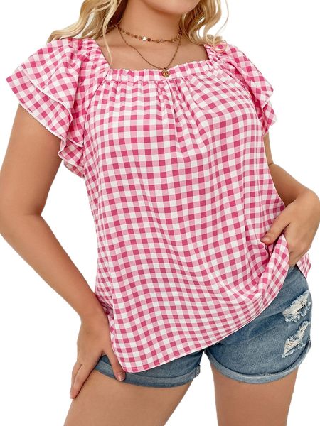 

plus gingham print butterfly sleeve blouse 6674#, Black