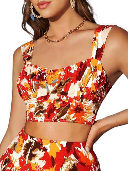 

floral print ruched bust shirred back crop cami 19ud#, White