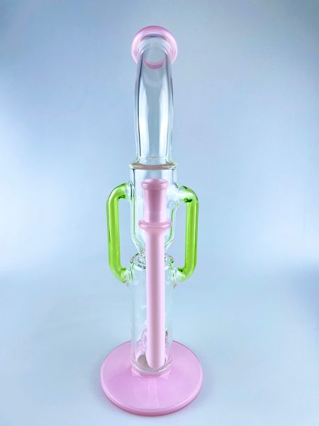Narghilè in vetro con accenti rosa latte e verdi, bong a collo piegato da 17 pollici, riciclo da 18 mm con un opale