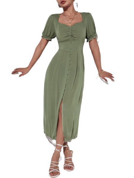 

button front ruched bust split dress n6ub#, Black;gray