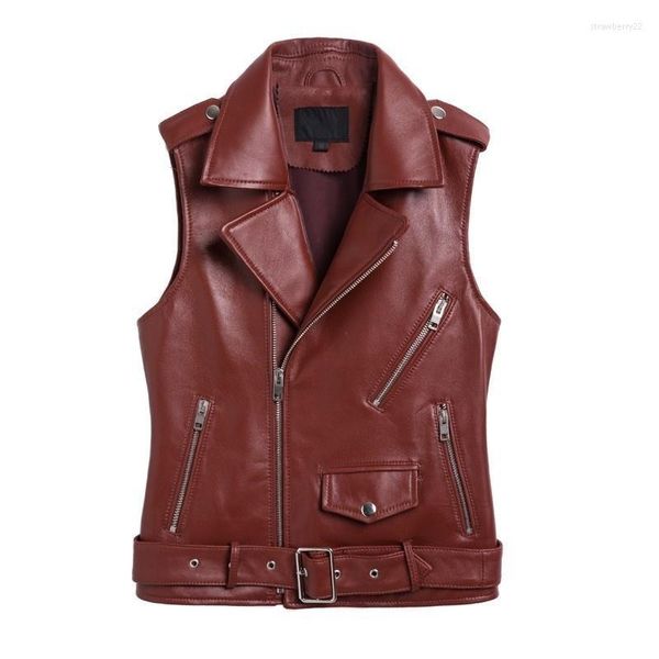 Gilet da donna Giubbotto in pelle femminile legittimo con risvolto Giacca senza maniche in pelle di agnello per cerniera moto Short Office Stra22