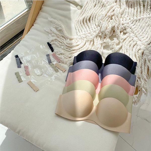 

colorful summer strapless invisible bras for women wedding seamless push up bra gathering solid wirefemale, Red;black