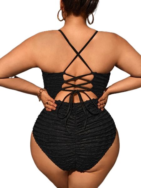 

plus lace up back contrast lace lettuce trim one piece swimsuit n3wr#, White;black