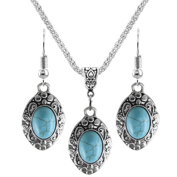 

women fashion vintage turquoise rhinestone necklace earrings horse eye style geometric pendant turquoise jewelry set gifts, Silver