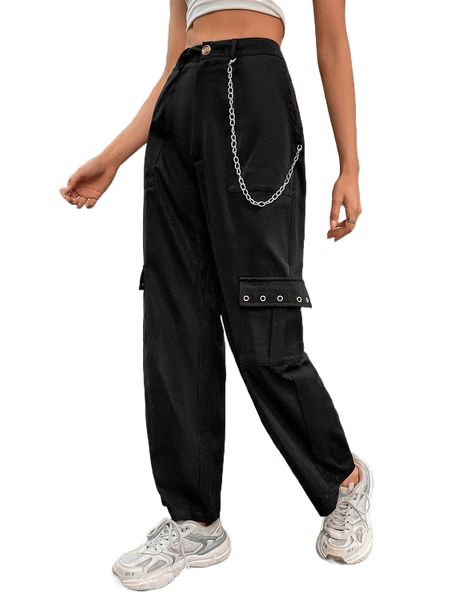 

grommet eyelet flap pockets cargo pants p9go#, Black;white