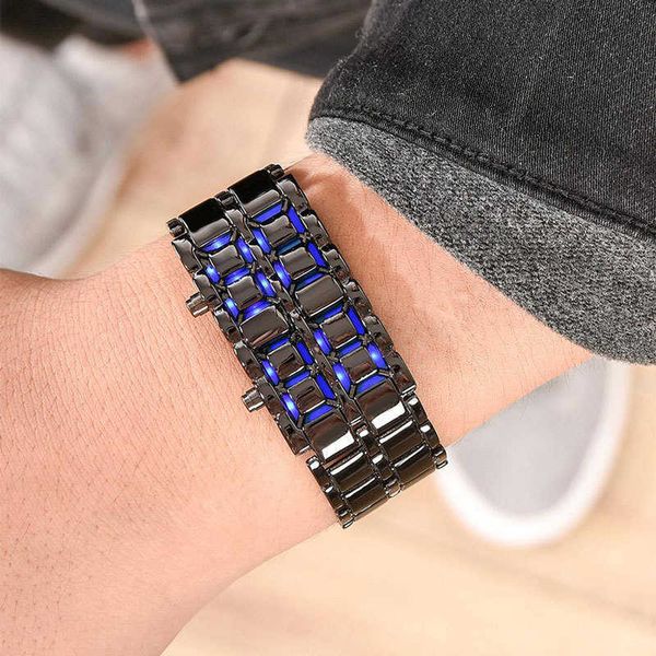 

led electronic watch alloy steel band men's electronic red and blue light display digital, Slivery;brown