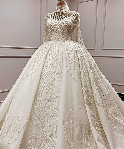 Kugel Weddding Dreske Langarm Langarm hoher Nacken -Pailletten Tüll Perlen Kristallperlen Neues Design formelles Brautkleid