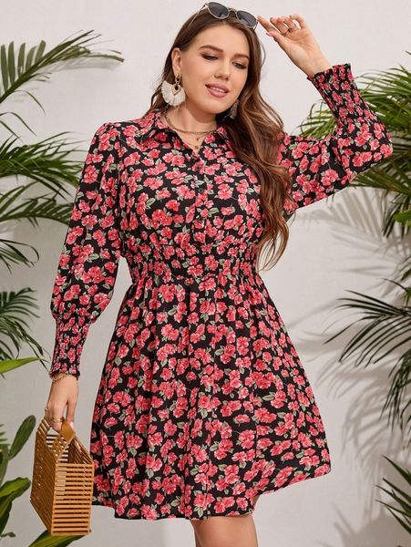 

plus allover floral print shirred lantern sleeve shirt dress w83i#, Black