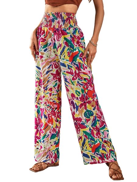 

shirred waist allover floral pants 85sl#, Black;white