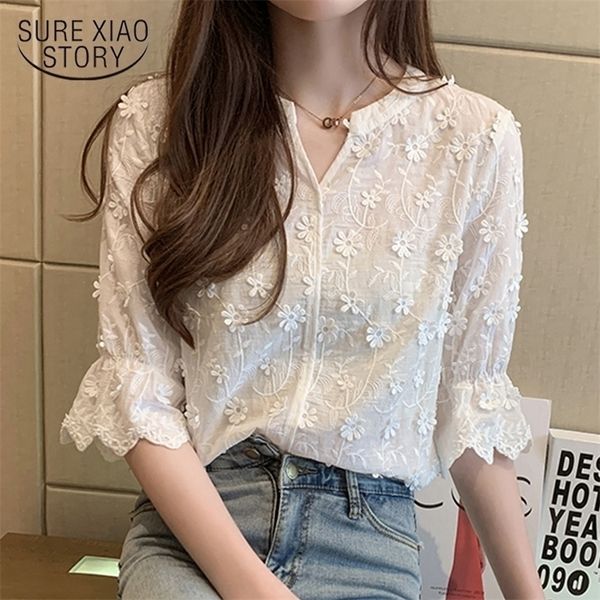 

fashion lady's shirt spring stereos embroidered white pure cotton blouse floral short sleeve woman's 9638 220402