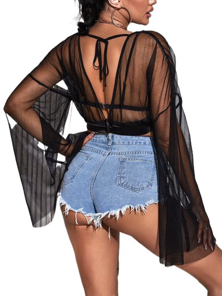 

sxy tie back flounce sleeve crop mesh without bra a4gc#, White