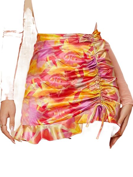 

drawstring ruched ruffle hem skirt z6bl#, Black