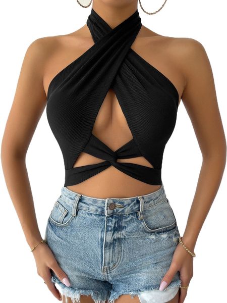 

twist front cut out crop halter o1oq#, White