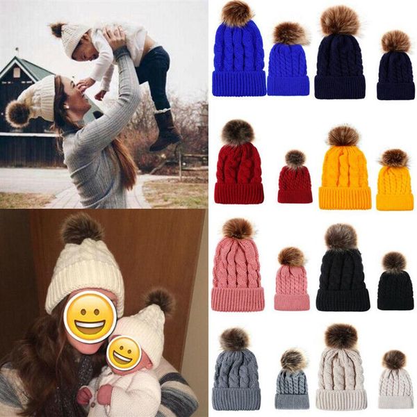 

women baby kids 2pcs warm winter hat knit wool beanie fur pom bobble crochet cap208d, Blue;gray
