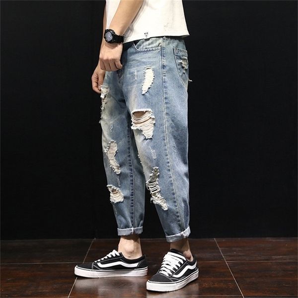 

summer loose men's harem pants jeans fashion casual washed ripped distressed holes jeans denim trousers large size 28-42 201128, Blue