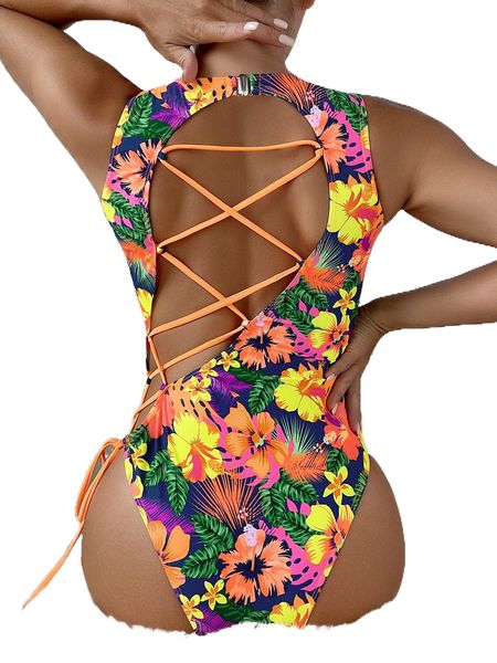 

random tropical print lace up one piece swimsuit t6jf#, White;black