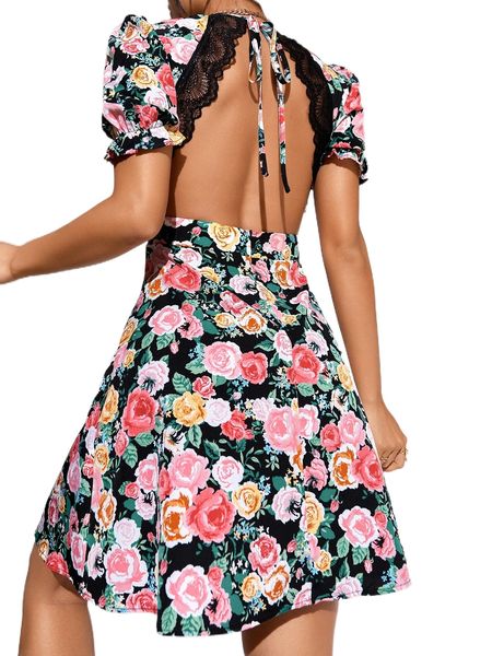 

allover floral print puff sleeve backless knot square neck dress h0d4#, Black;gray