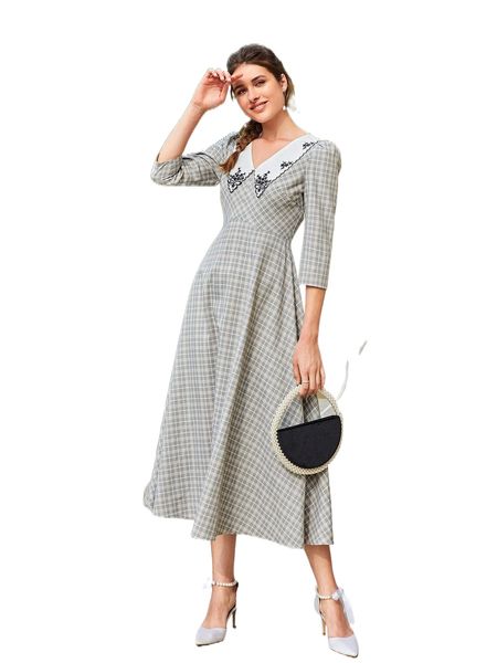 

plaid floral embroidery statement collar puff sleeve dress f23e#, Black;gray