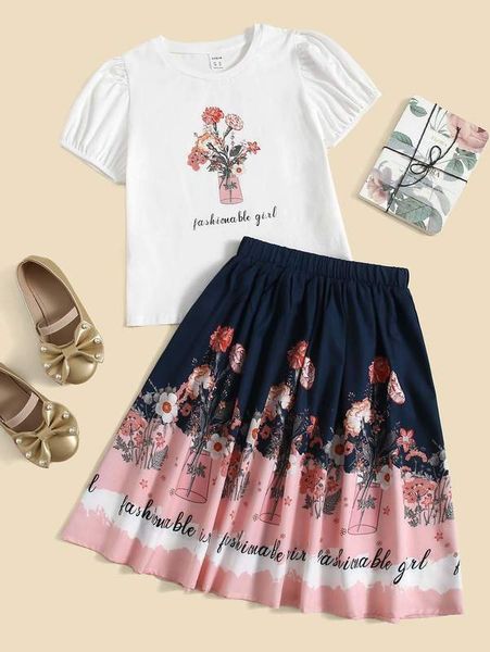 

sheen girls letter and floral print t-shirt and umbrella skirt she, White