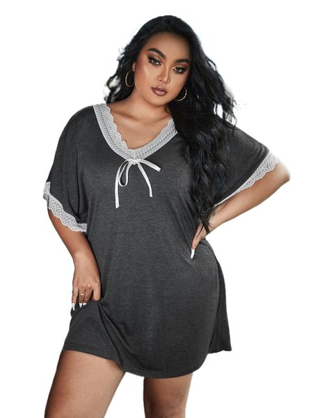 

plus lace trim bow front nightdress 50qv#, Black;white