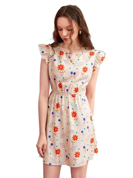 

x squid house floral print flutter sleeve keyhole back dress g40e#, Black;gray