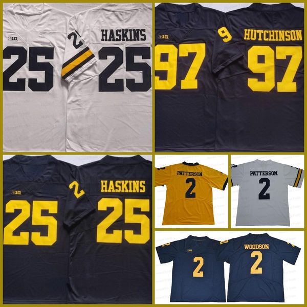 

ncaa michigan 97 aidan hutchinson yellow college football jersey charles woodson 2 shea patterson 25 hassan haskins navy blue jerseys, Black;red