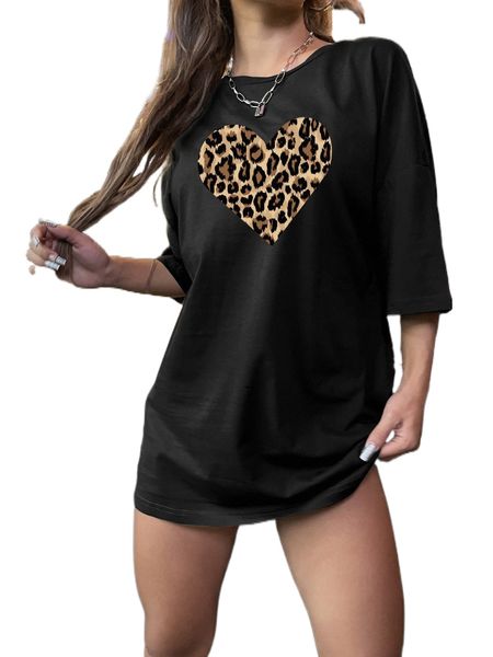 

leopard & heart print drop shoulder oversized tee y7du#, White