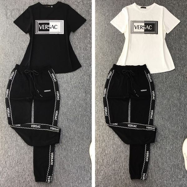 

women's two piece pants designer summer style pure cotton leisure sports suit women's high-end short sleeve t-shirt two piece set, White