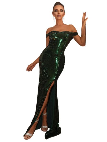 

joyfunear off shoulder slit mermaid hem sequin formal dress g04a#, Black;gray