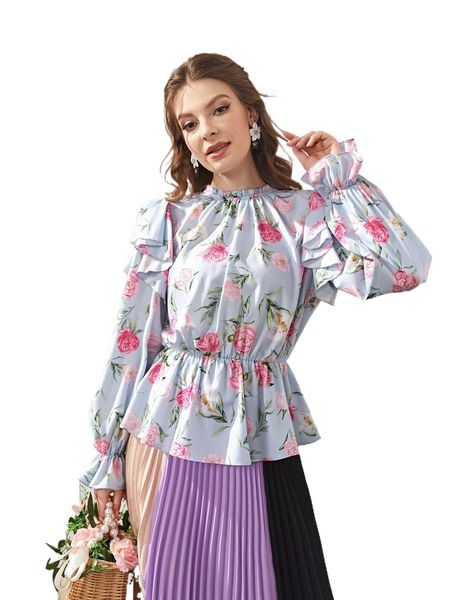 

1pc floral print ruffle trim peplum v3mt#, White