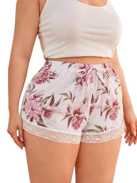 

plus floral print contrast lace trim sleep shorts 06io#, Black;white