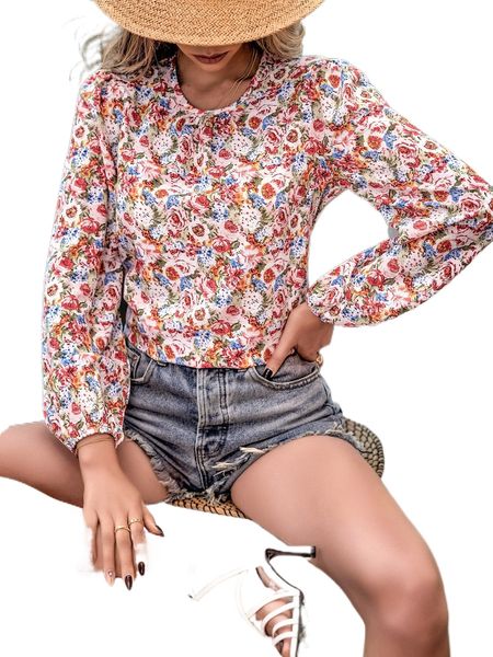 

allover floral print lantern sleeve blouse s9rr#, White