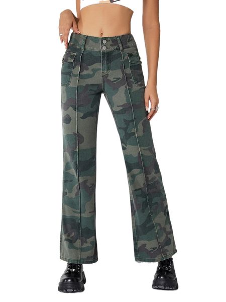 

camo print seam detail bootcut leg jeans p3ve#, Blue