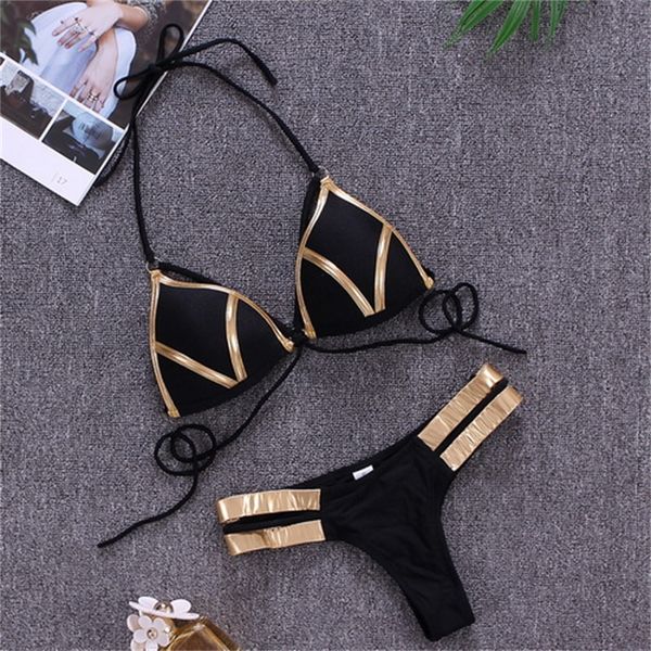 

2022 new bikini gold-stamped swimming suit three points explosive swimming suit split ladies stitching sports swimwear flexible stylish wome
